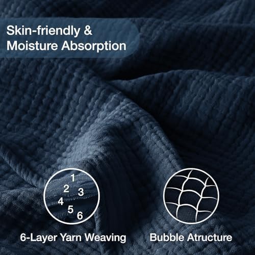 100% Cotton Muslin Blanket 50" x 60", Breathable and Lightweight Cotton Throw Blankets for Couch, Soft Cooling Summer Gauze Blanket for Adults All Season, Navy Blue - Image 3