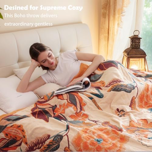 VANJOROY Boho Throw Blanket, 100% Cotton Breathable Soft Bed Throw - Floral Bird Farmhouse Decor Blanket for Sofa Couch Chair Quilt and Gift. 80" x 90"- Beige - Image 4