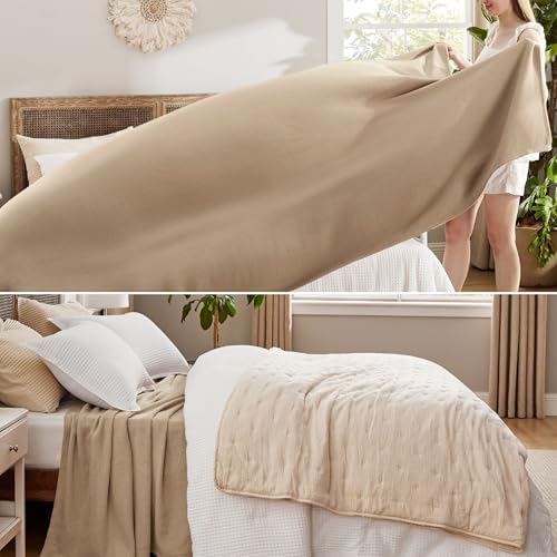 Bedsure 100% Cotton Blanket, Herringbone Weave, Queen Size, Light Brown - Image 4