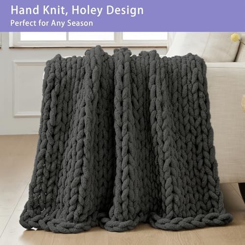 Bigacogo Chunky Knit Throw Blanket for Couch, 51x63 inches, Dark Grey - Image 4