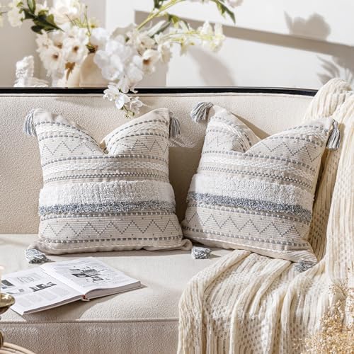 BlissBlush Gray Decorative Throw Pillow Covers 18X18 Combo Set of 2 Square Boho Neutral Grey Accent Pillowcase Tassels Farmhouse Cushion for Couch Sofa Bedroom Living Room Home Décor Cover ONLY - Image 7