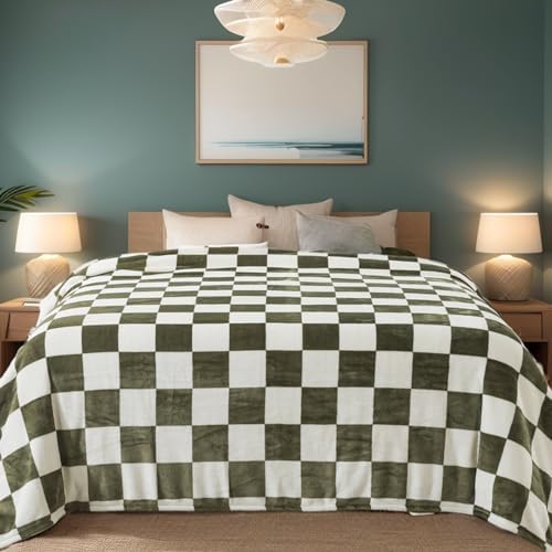 Richave Checkered King Size Blanket,Premium Lightweight Anti-Static 90x108 Inches Sage Green Throw Blankets for King Calking Bed,Couch, Sofa, Chair, Camping, Picnic,Sage Green by RICHAVE