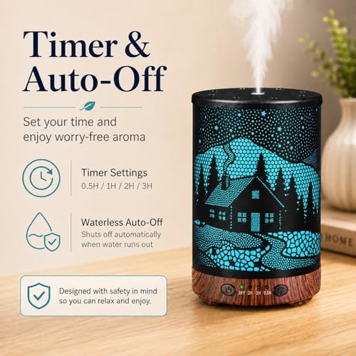 Essential Oil Diffuser, 120 ml Aromatherapy Diffuser with 7 Color Lights, Auto Shut-Off and 4 Timer Settings, Ultrasonic Cool Mist Diffuser for Home Room Office (Winter Cabin) - Image 5