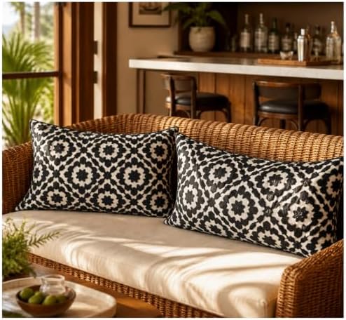 Embroidered Summer Decorative Lumbar Sofa Pillow Cover 12"x20", Mina Black Trellis Throw Pillowcase Pattern, Cotton Canvas Bolster Cushion Case for Couch Bed Living Room Decor(Black and White) - Image 5