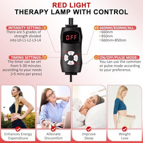 SAVILER® Red Light Therapy Lamp with Stand, 140 LEDs 660nm Red & 850nm Near Infrared Light Therapy for Face and Body, Dual Head Panel with Timer, 5 Brightness Levels, Pulse Mode, Wall or Floor Mount - Image 4