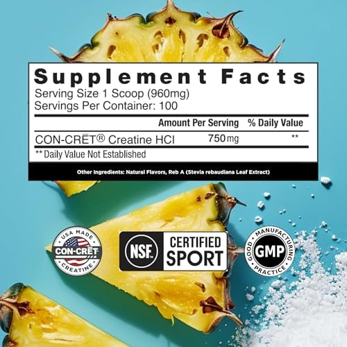 CON-CRET Creatine HCl Powder | Muscle, Cognitive, Cellular Energy Support | No Bloating or Cramps | USA Made & NSF Certified | Pineapple (100 Serving) (Pack of 2) - Image 2