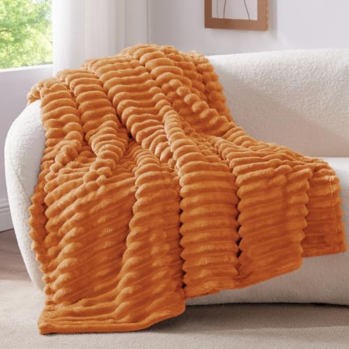 BEDELITE Ribbed Fleece Fall Throw Blanket, Burnt Orange, 50"x60" - Image 3