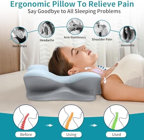 Cervical Neck Pillow for Pain Relief - Ergonomic Pillow for Neck Support, Contour Memory Foam Pillows for Sleeping, Orthopedic Bed Pillow for Side Back Stomach Sleepers(Blue) - Image 3