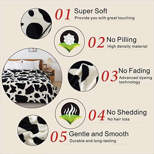 Fleece Cow Print Blanket - Premium Lightweight Anti-Static Bed Cow Throws Soft Cozy Warm Blankets Plush Gift Bedroom Decor 90" x 90"(Black Cow Queen) - Image 2