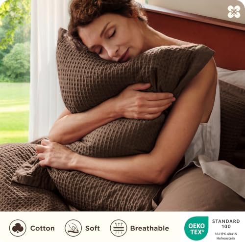 Bedsure PureWoven 3 Pieces 100% Cotton Waffle Duvet Cover Set, King, Brown - Image 3