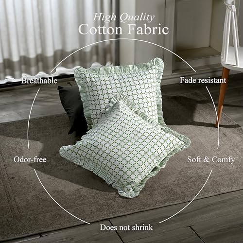 CPC Kelly Green Hand Block Print 100% Cotton Ruffle Throw Pillow Cover 18x18 inch with Hidden Zipper Decorative for Couch, Bed, Sofa, Farmhouse, Cottagecore Decor Gift Christmas Fall Thanksgiving - Image 3