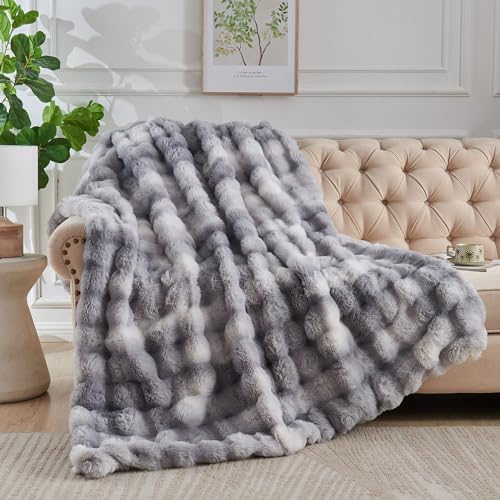 Lotus Karen Faux Fur Blanket - Tie-Dye Gray Twin Size, Big Bubble Rabbit Fluff, Thick Furry Plush Shaggy Blanket for Men, 60x80 Inches by LotusKaren
