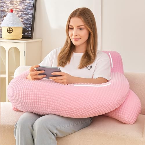19" Reading Pillow for Bed,U Shaped Arm & Elbow Support,Pink Flannel by Wervity