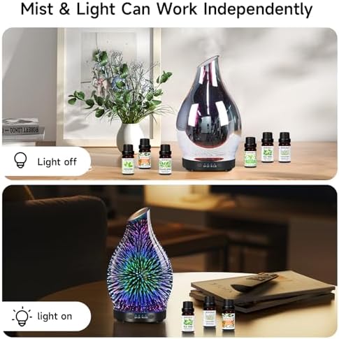 Essential Oil Diffuser & Essential Oils Set, Glass Aromatherapy Diffuser with 7 Color LED Lights and Auto-Shut Off, Cool Mist Diffuser for Home with 6 Essential Oils - Image 2