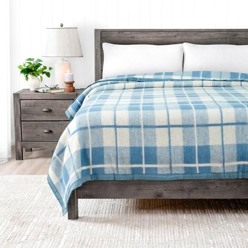 Poyet Motte Rivoli Solid 400GSM 100% Virgin Wool Blanket, Medium/Heavy Weight, Machine Washable (Blue/Natural Plaid, Full/Queen Size) by Poyet+Motte+Made+In+France