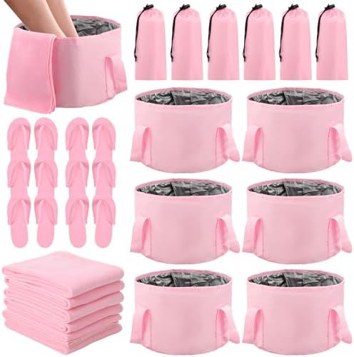 FillTouch 6 Sets Pink Foldable Foot Bath Kit with 15L Foot Soaking Tub Collapsible Towels Women Adult Foldable Slippers Portable Bag Spa Soak Pedicure Bath for Spa Party Sleepover Party Supplies by FillTouch