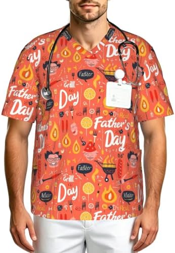Men's Scrub Top,V-Neck Spill Wrinkle Resistant,3 Pockets-Father's Day (1) by Unknown