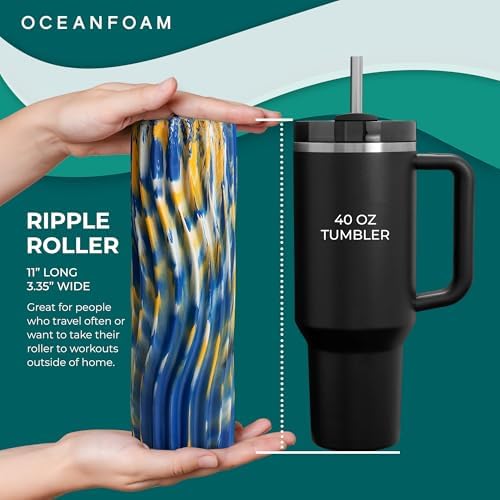 Oceanfoam Ripple Travel Foam Roller (11" x 3.35") Firm Mini Foam Roller for Physical Therapy, Deep Tissue Massage, Back Pain, High Density, Wave Textured, Yoga, Exercise (Royal Gold & Natural Marbled) - Image 2