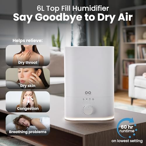 Everlasting Comfort 6L Top Fill Humidifier for Bedroom – Quiet, Easy to Fill & Clean, 60HR Runtime, Night Light, Timer, Ultrasonic Cool Mist, Auto Shut-Off for Indoor Use- White - Image 3