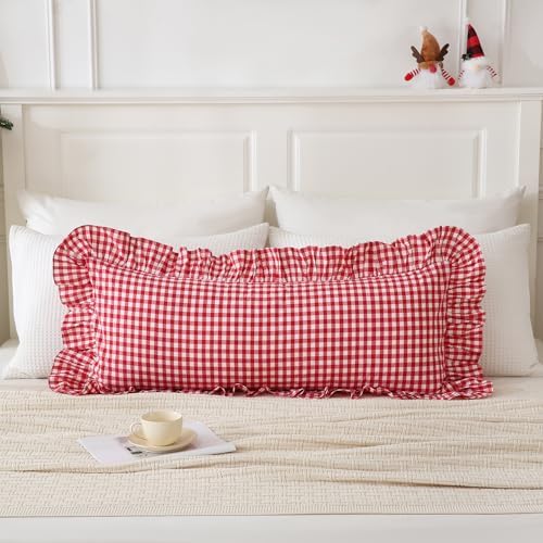 14x36 inches Red/White Plaid Ruffle Lumbar Gingham Pillow Sham 1 Piece - Image 2