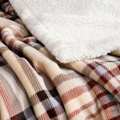 PU MEI Sherpa Fleece Throw Blanket 80" x 90" Reversible Plush Fluffy Large Big Blanket Lattice Flannel Blankets for All Season Use, Beige Stripe - Image 5