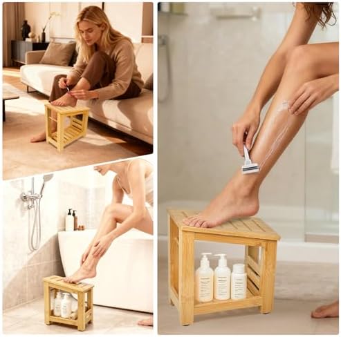 Bamboo Shower Foot Rest Stool for Shaving Legs & Pedicure, Non-Slip Bathroom Foot Step with Storage Pocket, Solid & Water-Resistant,Natural - Image 4
