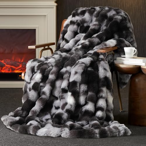 Amélie Home Faux Fur Throw Blanket for Couch, Ultra Soft Fuzzy Plush Bubble Throw for Sofa, Living Room & Home Decor, 50"x60", Tie-dye Black by Am%C3%A9lieHome