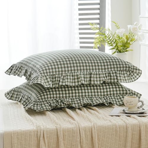 2 Pack Sage Green White Plaid Ruffle Pillow Shams Standard Size 20"x26" - Image 4