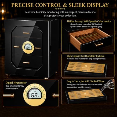 Woodronic Cigar Humidor Cabinet for 100 Counts with Digital Hygrometer, Crystal Gel Humidifiers, Spanish Cedar Lined Trays & Dividers, Polished Piano Black, Desktop Cigar Box Gift for Men - Image 5