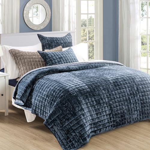 RECYCO Channel Box Stitch Velvet Quilt Set, Full Queen Size, Stormy Blue by RECYCOHOMECOLLECTION