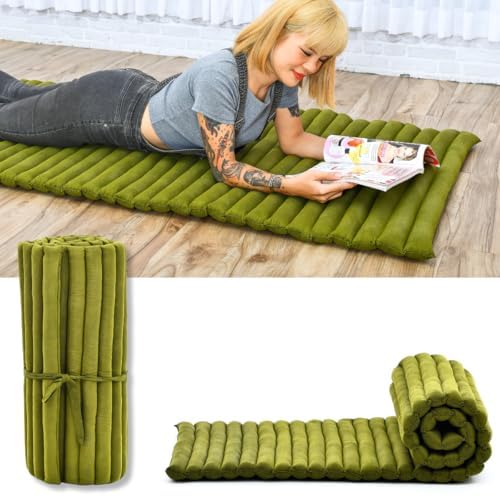 Leewadee - Foldable Floor Mattress - Japanese Roll Up Futon -Trifold Tatami Mat- Guest Floor Bed - Camping Mattress - Thai Massage Mat, Kapok Filled, 75 x 28 inches, Green by Leewadee