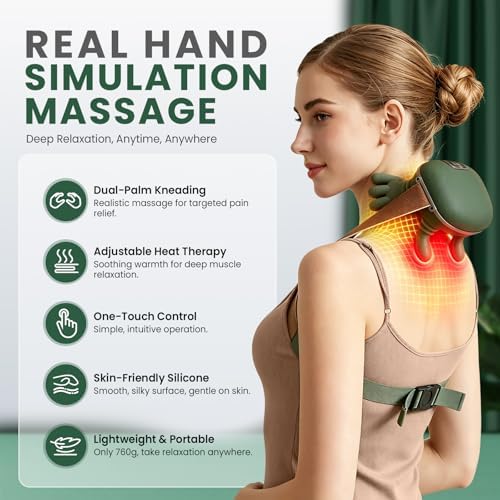 Upgrade 4D Neck and Shoulder Massager with Heat, Wireless Portable Bionic Massage with Real Human Hand Kneading, Neck Massager for Pain Relief Deep Tissue, Relax Muscle Tension(Emerald Green) - Image 3