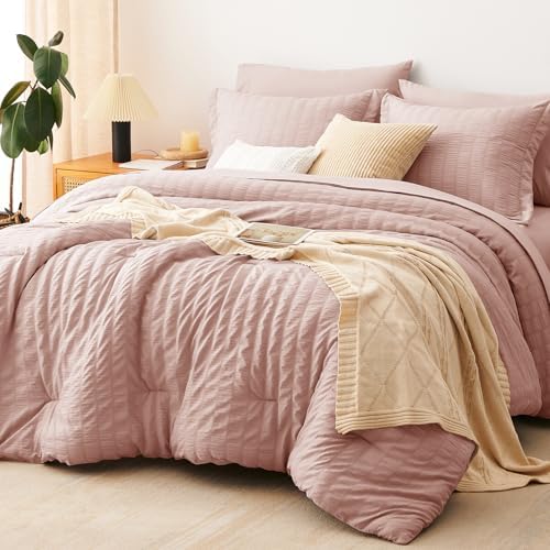 CozyLux King Size Comforter Set, 7 Pieces Rose Gold Seersucker Bed in a Bag by CozyLux