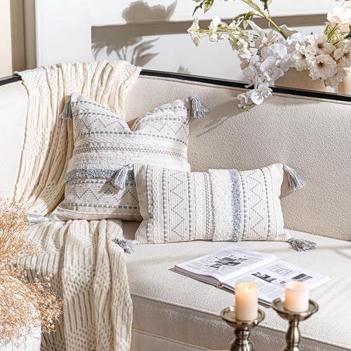 BlissBlush 18X18 Throw Pillow Cover, Cream Neutral Square Decorative Cushion Cover with Gray Pattern, Boho Accent Pillowcase with Tufted Details and Tassels for Couch Sofa Living Room (Cover Only) - Image 7