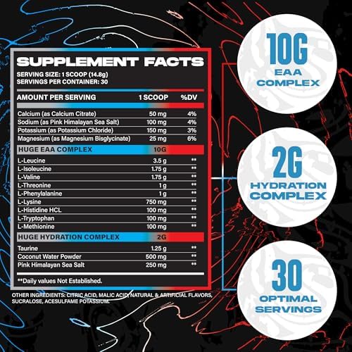 Huge EAA + Hydration, Essential Amino Acids Powder, EAAs & BCAAs, Intra & Post Workout Recovery Powder, Muscle Growth, Recovery & Performance, 10g EAAs & Electrolytes, Bomb Popsicle, 30 Servings - Image 4