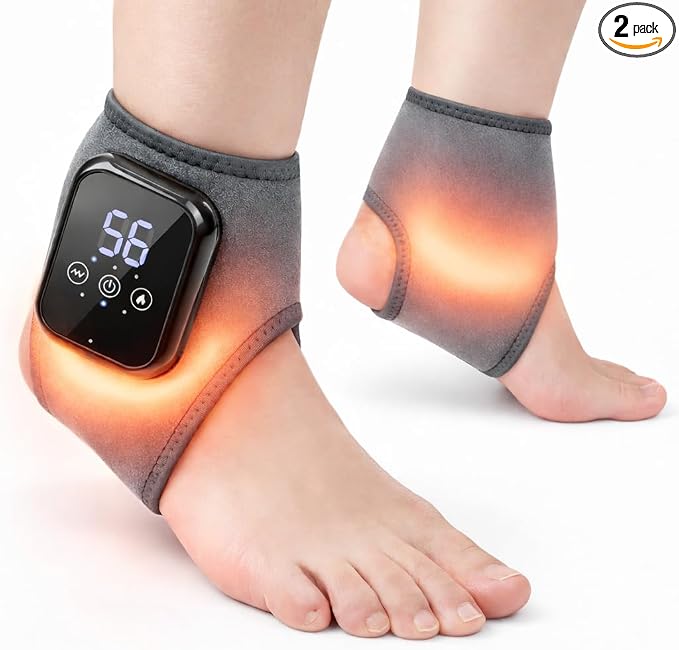 2 Pack Cordless Ankle Massager with Heat, FSA Eligible Heated Foot Massager for Neuropathy, Ankle Heating Pad with Massage, Triple Therapy Ankle Wrap for Plantar Fasciitis, Gray by DeMoce