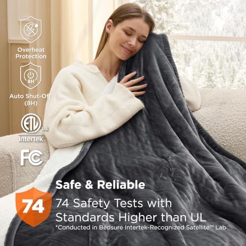 Bedsure Heated Blanket Throw, Soft Electric Blanket with Preheat, Dark Grey - Image 6