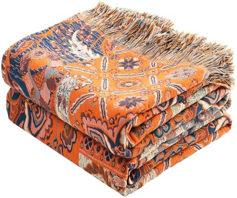 VANJOROY Boho Throw Blanket for Bed Couch 50" x 60", 100% Organic Cotton Skin-Friendly Ultra Soft Quilt Orange Throw - Floral Rustic Room Decor Luxury Reversible Blanket for Sofa Chair and Gift by CHOOSEVANJOROYENJOYAMORECOMFORTABLEFEELING