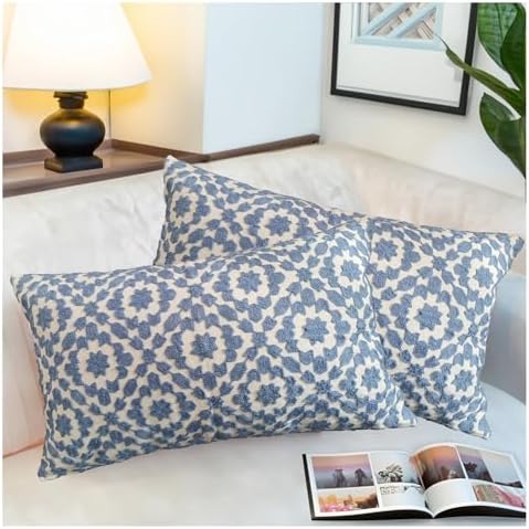 Throw Pillow Cover Embroidered Trellis 12x20 inch Mina Blue Cornflower 30x50cm Decorative Lumbar Pillow Cover Embroidery Cotton Canvas 1pc Della Robbia Blue Cushion Cover - Image 3
