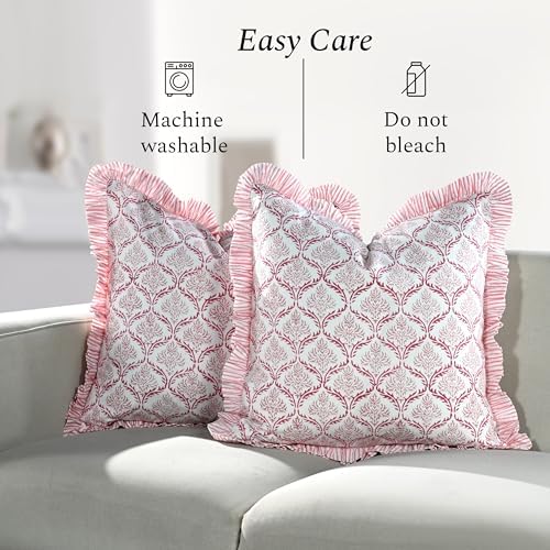 CPC Blush Rose Hand Block Print 100% Cotton Ruffle Throw Pillow Cover 18x18 inch with Hidden Zipper Decorative for Couch, Bed, Sofa, Farmhouse, Cottagecore Decor Gift Christmas Fall Thanksgiving - Image 6