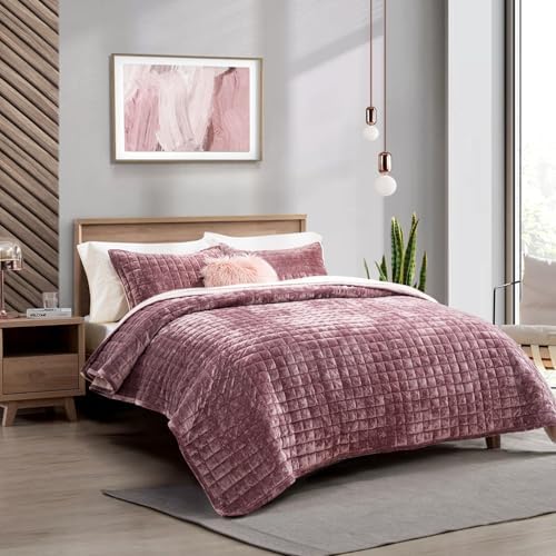 RECYCO Channel Box Stitch Velvet Quilt Set, Twin Size, Dusty Mauve Pink by RECYCOHOMECOLLECTION