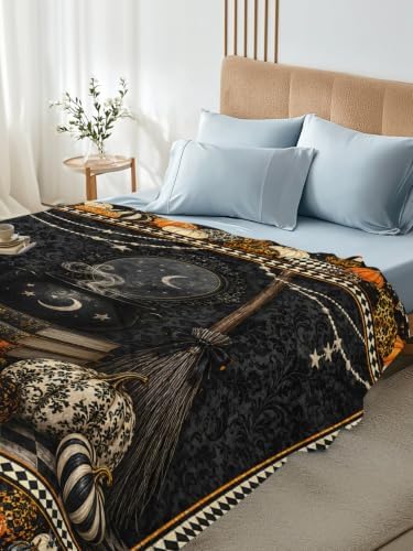 Halloween Queen Flat Sheet Pumpkin Book Flat Sheets Only Soft Breathable Bedding Top Sheets Luxury Hotel Quality Broom Crystal Ball Plaid Queen Bed Sheet for All Season Bedroom Dorm Halloween Decor - Image 5