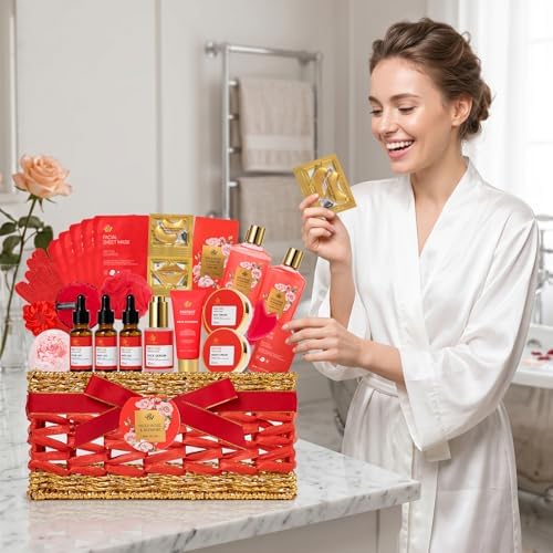 Gifts for Women, 32 Pcs Red Rose Bath and Body Basket Gifts for Women - Image 3