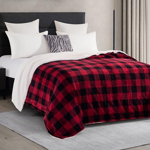Elegant Comfort Ultra Soft Reversible Buffalo Plaid Flannel Sherpa Blanket - Cozy Silky Checkered Fleece Throw for Couch, Bed - Plush Fuzzy Warm Winter Blanket for Gift, King, Burgundy - Image 3