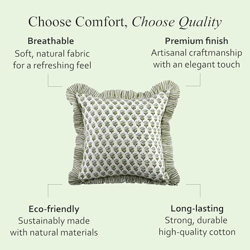 CPC Block Print Ruffle Throw Cover Emerald Green 24"x24" Inch Pack of 2-100% Cotton Ruffle Couch Decorative Boho Pillows Case for Living Room, Bedroom, Sofa, Farmhouse Gift for Spring, Mother's Day - Image 6
