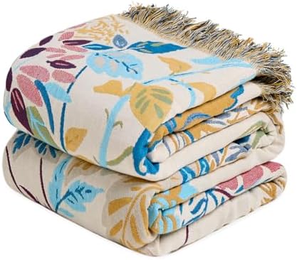 MSGKV Boho Throw Blanket 60"x80" 100% Cotton Floral Muslin Twin Blanket by MSGKVHomeTextiles