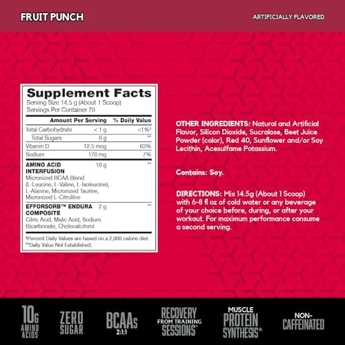 BSN Amino X Muscle Recovery & Endurance Powder, BCAAs, 10 Grams of Amino Acids, Keto Friendly, Caffeine-Free, Support Endurance, Zero Sugar, Fruit Punch, 70 Servings, 35.84 Ounce(Pack of 2) - Image 2