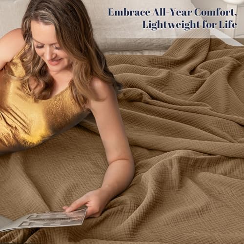 PHF 100% Cotton Muslin Blanket Twin XL Size 66"x90", 4-Layer Lightweight Gauze Throw, Breathable Cloud-Soft Minimalist Blanket for Bed, Couch, Camping & Baby, Coco Brown, Ideal Gift - Image 2
