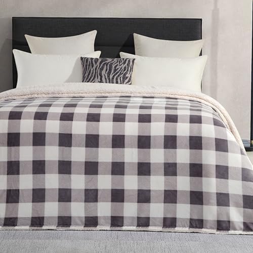 Elegant Comfort Ultra Soft Reversible Buffalo Plaid Flannel Sherpa Blanket - Cozy Silky Checkered Fleece Throw for Couch, Bed - Plush Fuzzy Warm Winter Blanket for Gift, Full, Gray - Image 4