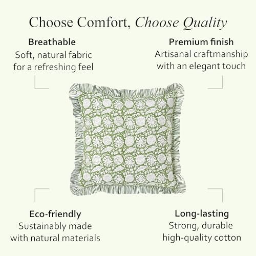 CPC Olive Bloom Hand Block Print 100% Cotton Ruffle Throw Pillow Cover 18x18 inch with Hidden Zipper Decorative for Couch, Bed, Sofa, Farmhouse, Cottagecore Decor Gift Christmas Fall Thanksgiving - Image 7